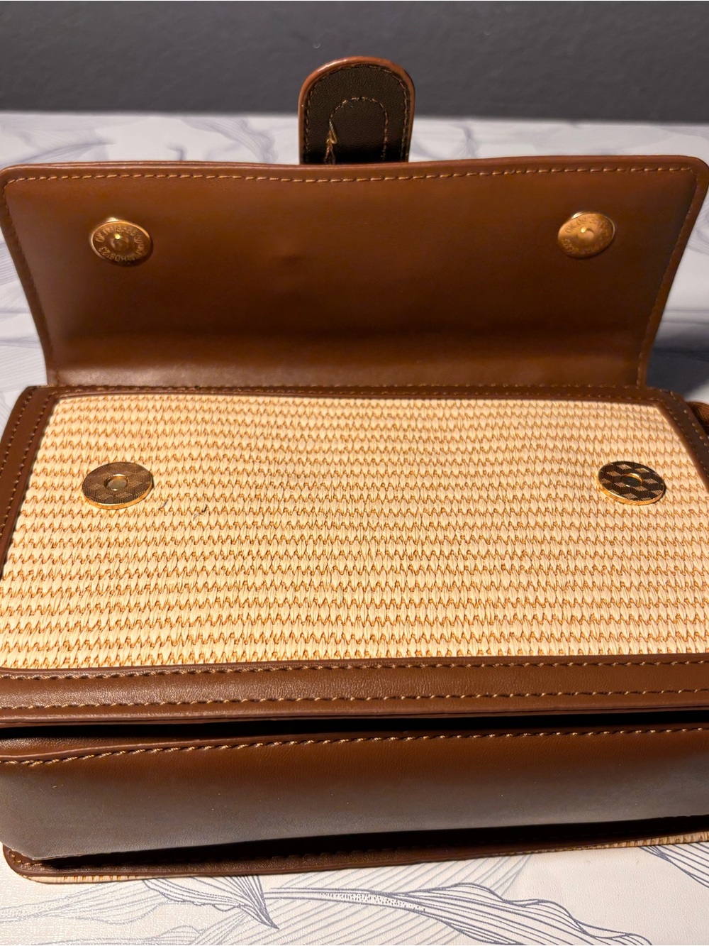 Woven Straw Top-Handle Bag with Brown Leather Trim - Picture 6 of 9